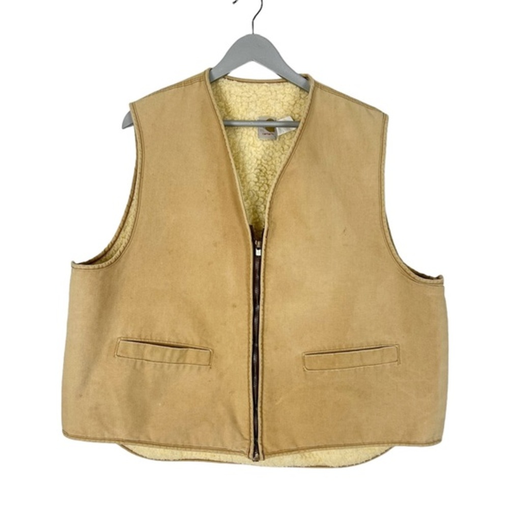 Vintage 80s Carhartt Work Vest Sherpa Lined Tan Cotton Duck Pockets USA Made XXL